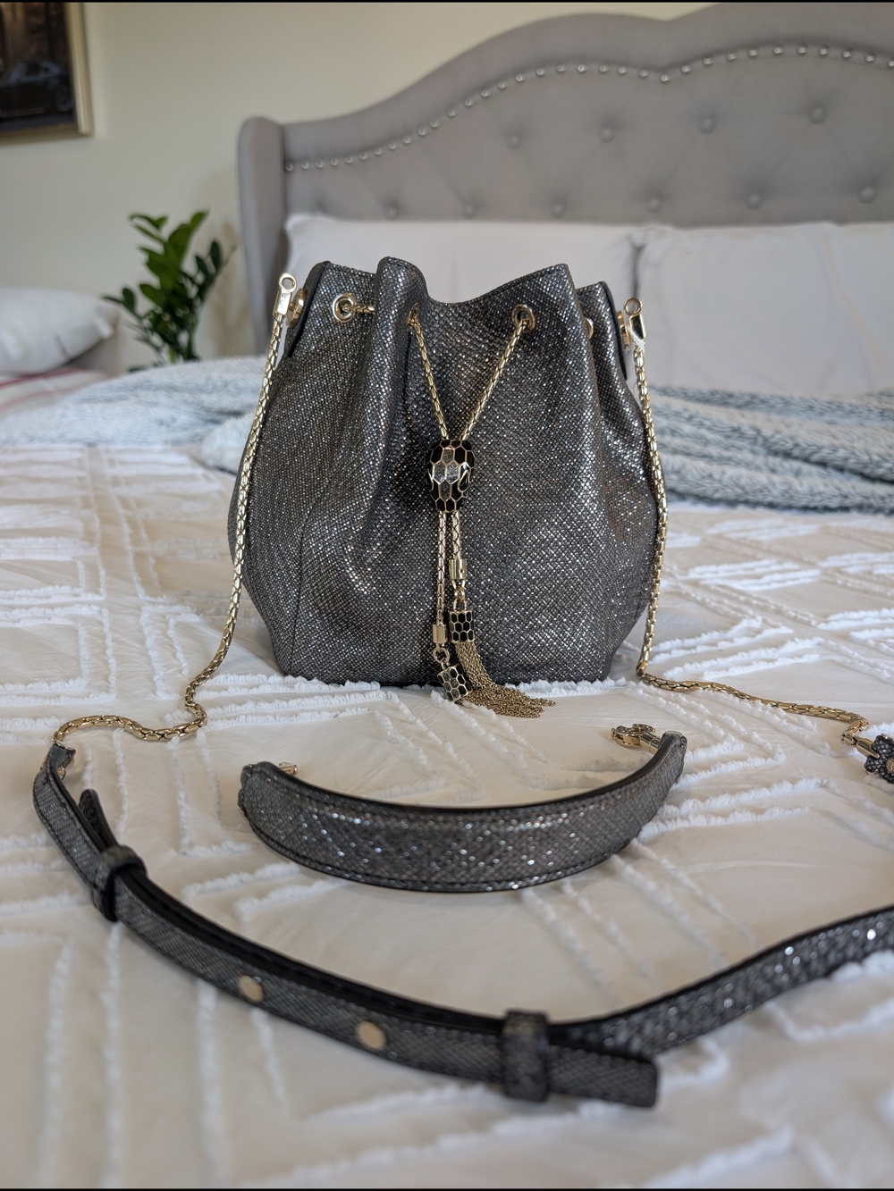 Bvlgari Silver Bucket Drawstring Bag Gold Chain Strap Tassel Accent Designer